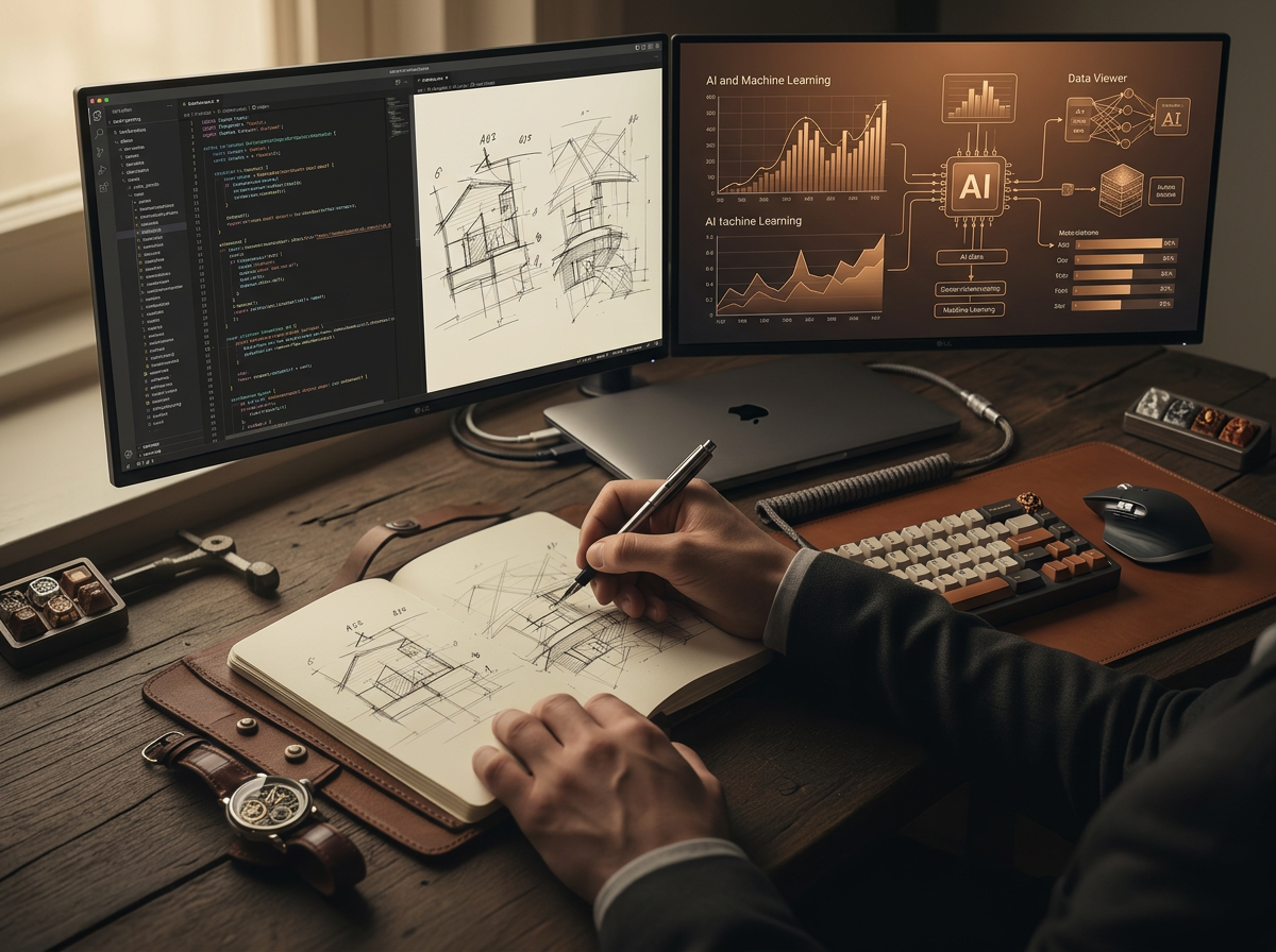 Hands sketching an architecture in a leather notebook — engineering as a craft.